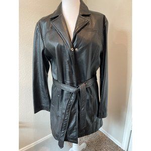Middlebrook Park Black Zip/Snap Front Waist Tie Leather Coat